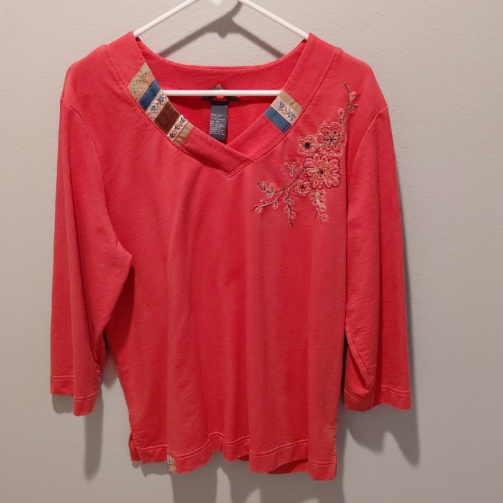 Floral Embroidered Long Sleeve Top - Coral